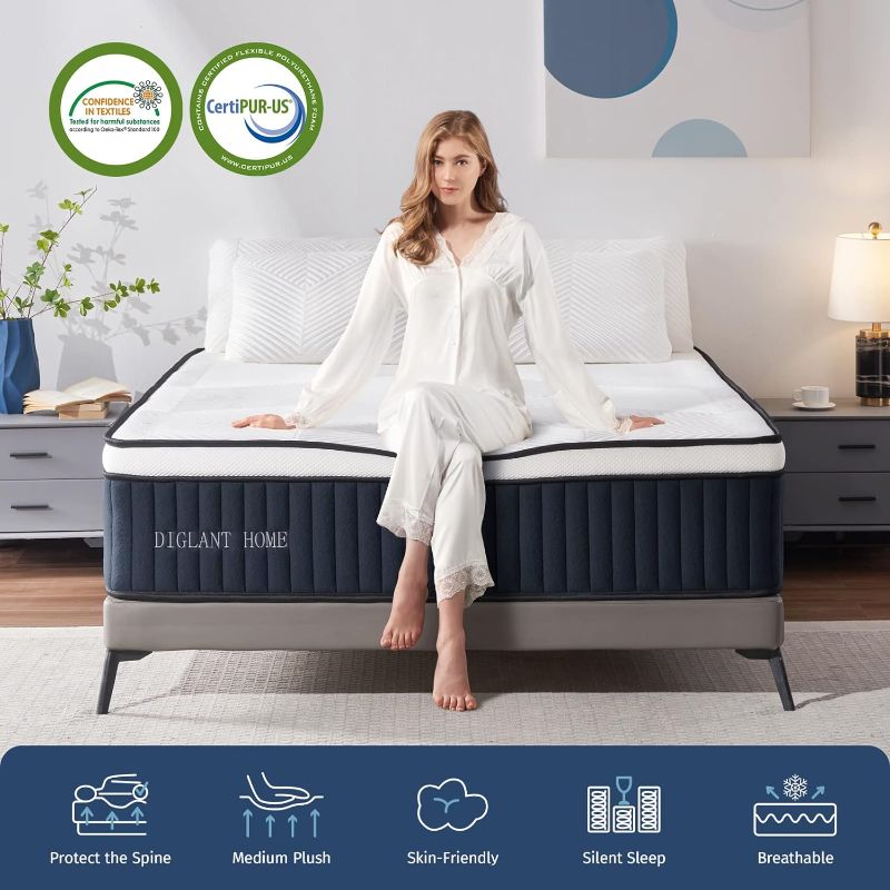 Photo 1 of Queen Mattress, DIGLANT 14 Inch Euro Top Hybrid Memory Foam Mattress with Pocket Springs, Medium Plush Feel Queen Size Mattress in a Box, Supportive & Pressure Relief, CertiPUR-US Certified, 60"*80"
