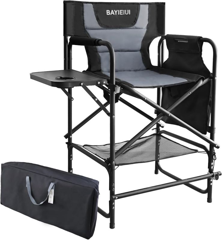 Photo 1 of Tall Folding Directors Chair with Side Table 26.77" Seat Height Portable Camping Makeup Artist Bar Chair with Footrest and Carrying Bag 350 Ibs Weight Capacity Black
