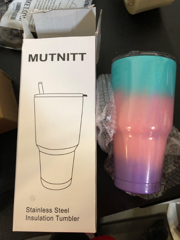 Photo 2 of 30 oz Tumbler with Lids and Straws,18/8 Stainless Steel Vacuum Insulated Coffee Tumbler,Insulated Travel Mug Water Cup with Leak-Proof Straw Lid & Flip Lid,3 Metal Straws,1 Cleaning Brush & Gift Box C-Glittery Rainbow-Green Pink Purple