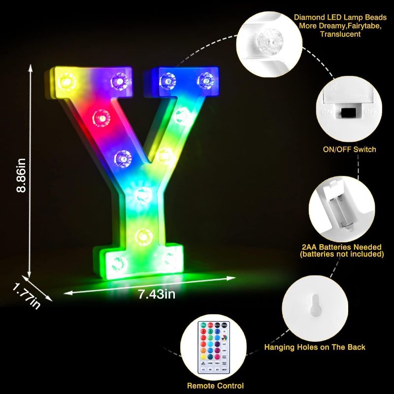 Photo 1 of Colorful Light up Letters Led Marquee Letter Lights with Remote 18 Colors Letters with Lights for Wedding Birthday Party Lamp Christmas Home Bar Decoration - Diamond Design Battery Powered - Y