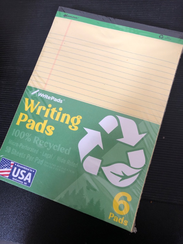 Photo 2 of WritePads Legal Pads 8.5"x11" Note pads,Wide Ruled Writing Pads,100% Recycle Paper Yellow Legal Pads,6 Pack,50 Sheets Per Notepads,Micro perforated Note Pads,Lined Pads,KSU-8461 Made in the USA Recycle-Canary 6 Pack 8.5 x 11