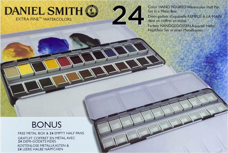 Photo 1 of Daniel Smith Extra Fine Watercolor Half Pan Set, 24 colors with bonus 24 empty half pans in a metal box (285650113)
