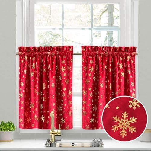Photo 1 of CUCRAF Velvet Kitchen Curtains 45 inch Length,Short Curtains for Small Window Cafe Store Kitchen Bathroom, Soft Farmhouse Waterproof Rod Pocket Drapes, Set of 2, 27x45 inch, Red