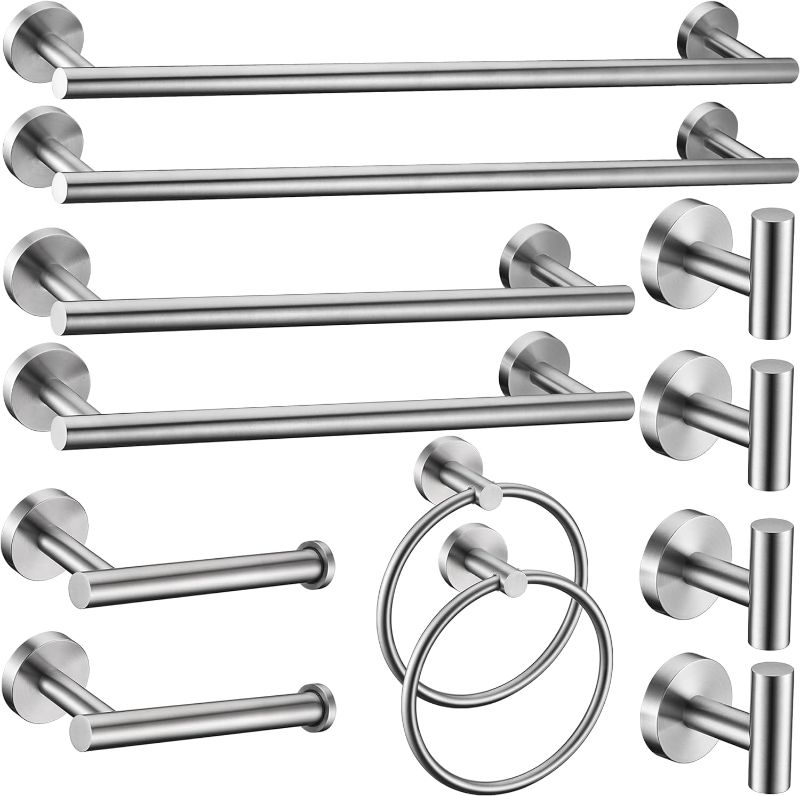 Photo 1 of 12 Pieces Brushed Nickel Bathroom Hardware Accessories Set Hand Towel Ring 18&23.6 inch Round Towel Bar Silver Toilet Paper Holder Towel Hooks 4 Pieces SUS 304 Stainless Steel,Heavy Duty,Wall Mounted

