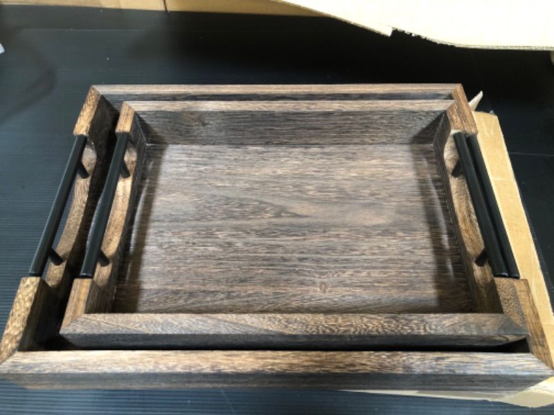 Photo 1 of LIBWYS Rustic Wooden Serving Trays with Handle-Set of 2-Decorative Nesting Food Board Platters for Breakfast, Coffee Table/Butler (Large 15.8x11.8x1.2 inches, Small 13.4x9.4 x1.2 inches)