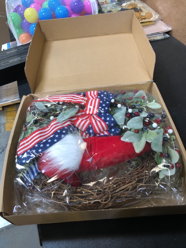 Photo 2 of 18 Inch Grapevine Patriotic Gnome Wreath for Front Door, Memorial Day Red White Blue Wreath for Indoor and Outdoor, Forth of July Green Leaves Bow Wreath for Home Decor