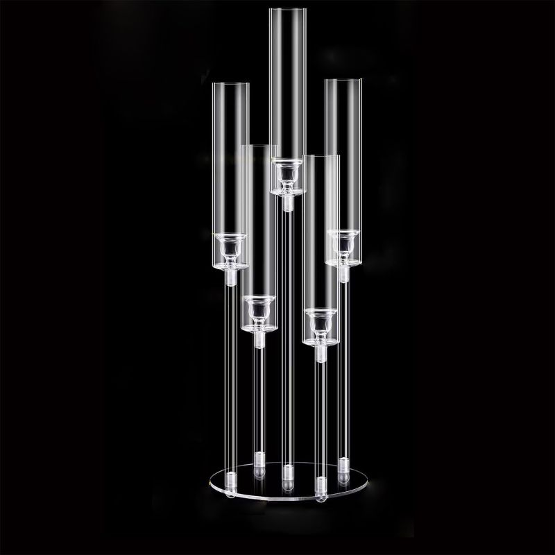 Photo 1 of 5 Arm Clear Candelabra for Wedding, Acrylic Candelabra Candle Holder for Table Centerpiece,Crystal 5 Arm Candlesticks Holder with Acrylic Shade for Valentine's Day Party (Fit 0.8" Led Candles)
