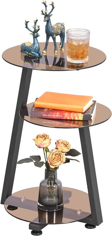 Photo 1 of BEWISHOME Round End Table Tempered Glass Side Table with Metal Frame, Accent Table Nightstand Bedside Table with 3-Tier Shelves, Small Table for Living Room Bedroom Small Round Table Tawny KTZ41S
