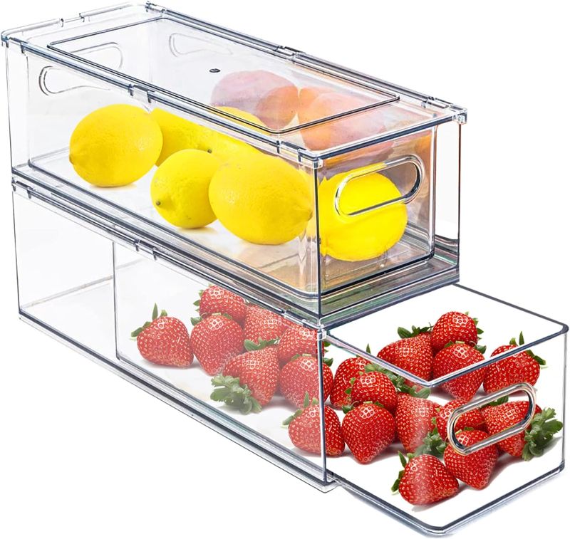 Photo 1 of bealy 2 Packs Refrigerator Organizer Bins with Pull-out Drawer,Stackable Fridge Organizers and Storage Clear with Handle,Kitchen Storage Containers Sets for Freezer, Cabinet, Pantry Organization Drawer Set(2 Small)