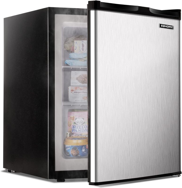 Photo 1 of EUHOMY Upright freezer, 2.1 Cubic Feet, Single Door Compact Mini Freezer with Reversible Stainless Steel Door, Removable Shelves, Small freezer for Home/Dorms/Apartment/Office (Silver)
