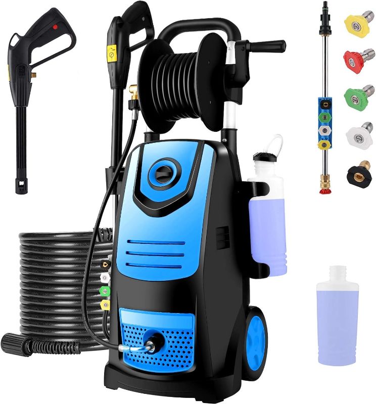Photo 1 of Pressure Washer Suyncll Electric Pressure Washer Electric Power Washer with Soap Bottle and Hose Reel (Blue)
