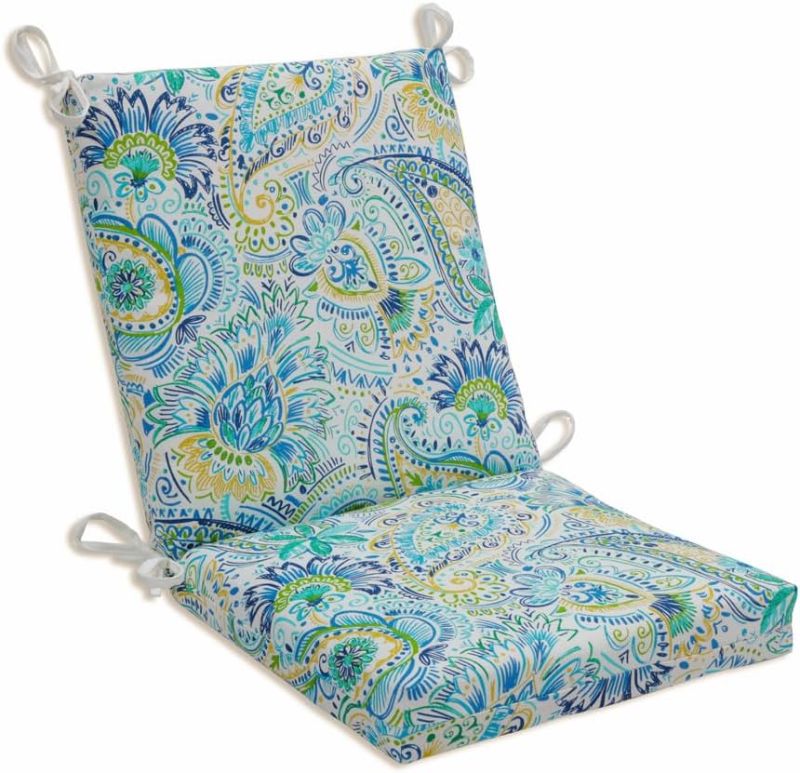 Photo 1 of Pillow Perfect Paisley Indoor/Outdoor Solid Back 1 Piece Square Corner Chair Cushion with Ties, Deep Seat, Weather, and Fade Resistant, 36.5" x 18", Blue/Yellow Gilford,
