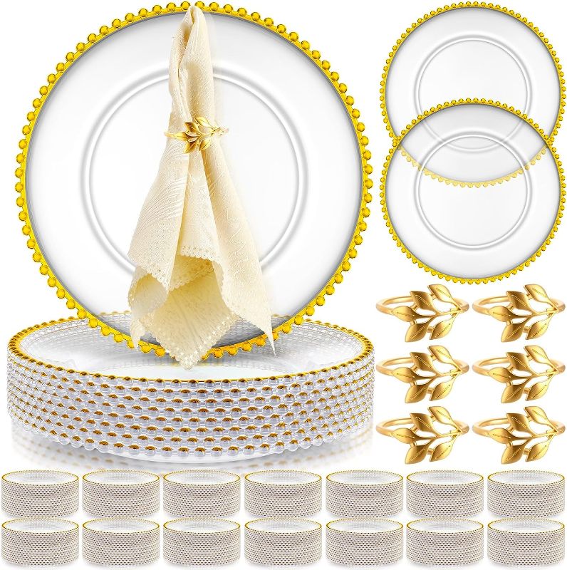 Photo 1 of 50 Set Clear Charger Plates Bulk 13 Inch Beaded Plastic Charger Plates with Napkin Rings Acrylic Round Dinner Chargers Table Decorative Plates for Party Wedding Thanksgiving (Clear and Gold)
