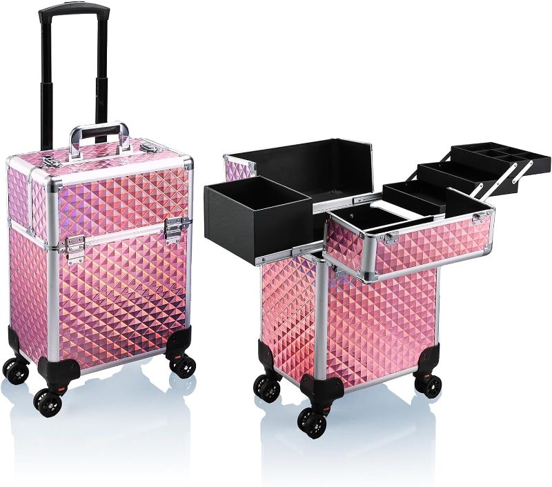 Photo 1 of Stagiant Rolling Makeup Train Case Large Storage Cosmetic Trolley 4 Tray with Sliding Rail Removable Middle Layer with Key Swivel Wheels Salon Barber Case Traveling Cart Trunk
