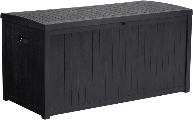 Photo 1 of Qily Deck Box Resin, Outdoor Storage Box Small, Indoor Patio Storage Box for Cushion, Tool and Ball, Outside Side Table with Storage, Porch Delivery Storage Box Lockable, Resist-Fade, 33 Gal, Grey