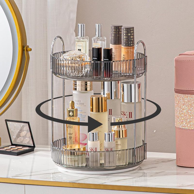 Photo 1 of shuang qing Rotating Makeup Organizer for Vanity 2 Tier, High-Capacity Skincare Clear Make Up Storage Perfume Organizers Cosmetic Dresser Organizer Countertop 360 Spinning ?Grey?
