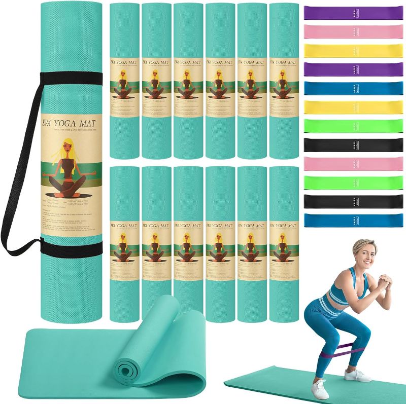 Photo 1 of 36 Pieces Yoga Mats Set Includes 12 Pcs 6mm Thick Exercise Mat 12 Pcs Resistance Bands 12 Pcs Carrying Straps, Yoga Mats in Bulk for Gym Workout Stretching for Women Kids Adults Blue