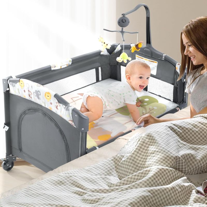 Photo 1 of 5 in 1 Infant Newborn Baby Crib,Baby Bassinet Bedside Cribs,Pack and Play with Bassinet and Changing Table,Portable Travel Baby Playpen with Bassinet Toys & Music Box,Portable Travel Crib,Dark Gray
