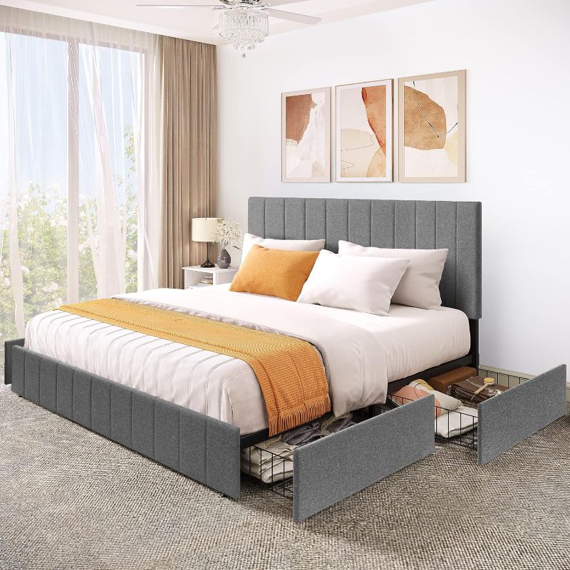 Photo 1 of **missing boxes**
YITAHOME King Size Bed Frame, Upholstered Bed Frame with 4 Storage Drawers, Adjustable Headboard Platform Bed Mattress Foundation with Sturdy Wood Slat Support, No Box Spring Needed, Grey
