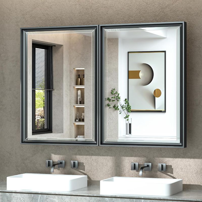 Photo 1 of TokeShimi 36x24 Medicine Cabinet Bathroom Vanity Mirror Black Metal Framed Recessed or Surface Wall Mounted with Aluminum Alloy Beveled Edges Design 2 Door for Modern Farmhouse
