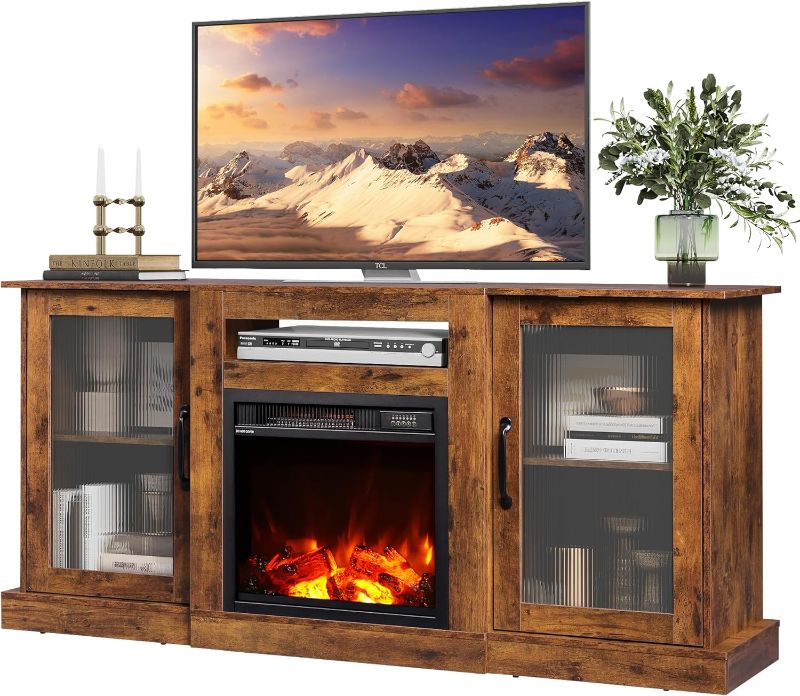 Photo 1 of WLIVE Fireplace TV Stand for 65" TV, Entertainment Center with 18 Inch Electric Fireplace, TV Console with Open Shelves for Living Room and Bedroom, Rustic Brown
