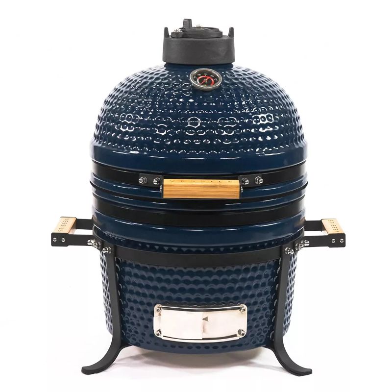 Photo 1 of VESSILS 15 Inch Kamado Barbecue Ceramic and Stainless Steel Charcoal Grill with Built-In Thermometer, Iron Top Venting Cap and Cooking Grid, Blue
