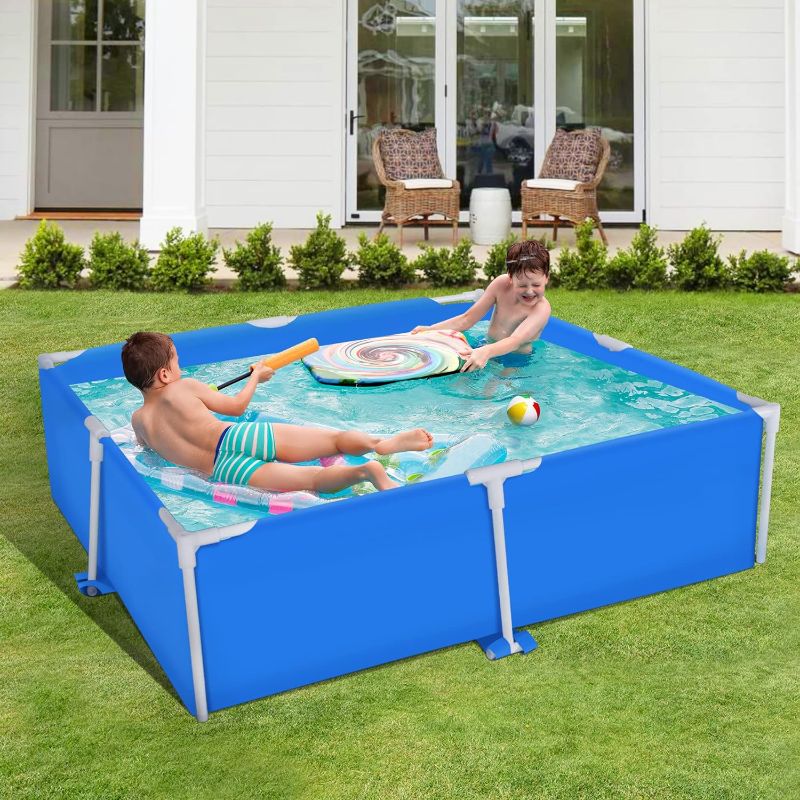 Photo 1 of Metal Frame Rectangle Swimming Pool 59"x59", Outdoor Family Square Pool with Drain Plug & Children's Drain Hole, Indoor Pool Ball, Summer Water Play for Patio Poolside Deck Balcony, Blue
