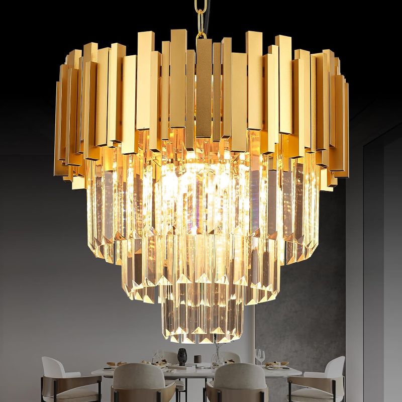 Photo 1 of brfaixla 3-Tier 15.8" Crystal Gold Chandelier Modern Crystal Pendant Chandeliers 5 Lights Round Crystal Hanging Lighting for Dinning Room Kitchen Island Bedroom Living Room Foyer Entryway, E12
