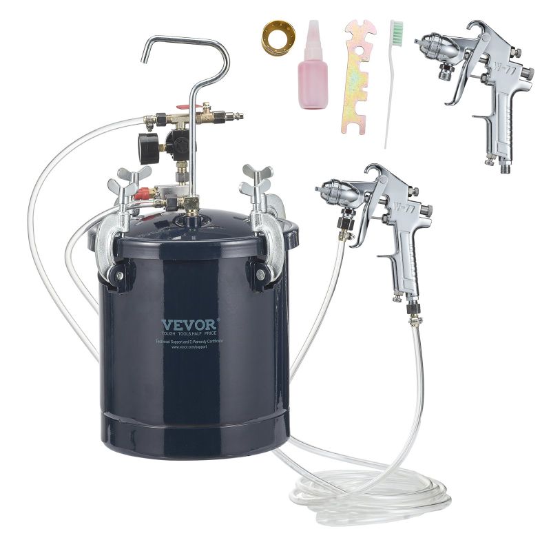 Photo 1 of VEVOR Spray Paint Pressure Pot Tank, 10L/2.5gal Air Paint Pressure Pot, 1.5mm+4mm Two Nozzles Two Spray Paint Guns, 60PSI Max, for Industry Home Decor Architecture Construction Automotive Painting
