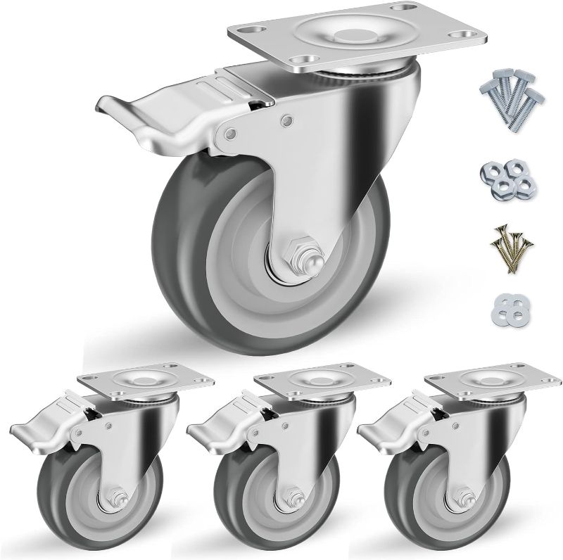 Photo 1 of Casters, 4 inch Caster Wheels, Casters Set of 4 Heavy Duty - CLOATFET Locking Casters, Swivel Casters with Brake (Top Plate), Non Marking Grey TPR Rubber Castor Wheels for Cart Furniture Workbench
