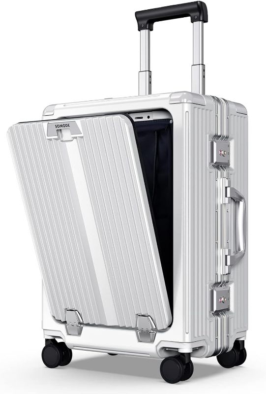 Photo 1 of Airline Approved Carry On Luggage with Spinner Wheels,Aluminum Framed Carry On Suitcase with Front Open Laptop Compartment/Pocket 22×14×9 inch Large Checked-in Luggage(White)
