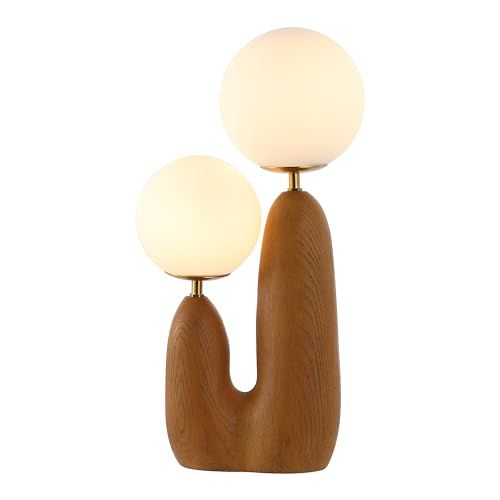 Photo 1 of Oda 17.75" 2-Light Modern Bohemian Resin/Iron/Frosted Glass Danish Cactus LED Table Lamp, Brown Wood Finish
