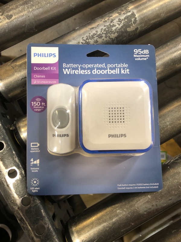 Photo 2 of Philips Accessories Wireless Doorbell Kit, Battery-Operated Reciever, LED Alert Lights, 1 Push Button, 32 Melodies, 3 Volume Levels, 150 Ft Range, White, DES3140W/27 32 Melody | 1 Button Battery Operated