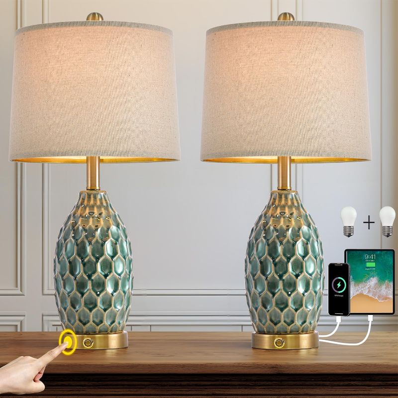 Photo 1 of USumkky 23.5" Modern Ocean Blue Ceramic 3-Way Dimmable USB A+C Table lamp Set of 2 Nightstand Bedside Lamp for Living Room Bedroom Office?2 Bulbs Include?