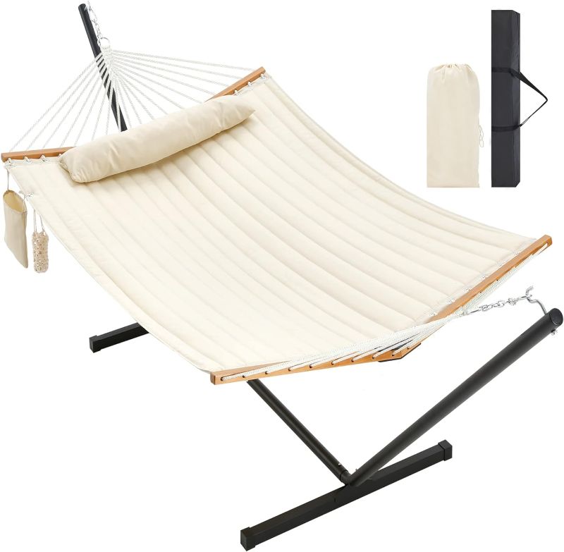 Photo 1 of Homgava Two Person Hammock with Stand Heavy Duty, Outdoor Patio Hammock with Portable Steel Stand, Large Double Hammocks,480lbs Capacity.(Off White)