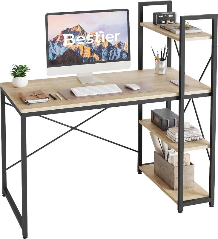 Photo 1 of Bestier 47 Inch Computer Desk with Adjustable Shelves, Simple Writing Desk with Reversible Bookshelf and Metal Legs for Home Office and Studio, Oak