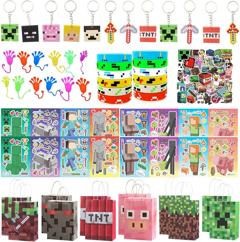 Photo 1 of 114Pcs Pixel Theme Birthday Party Favors, Miner Style Party Supplies Included DIY Stickers Gift Bags Stickers keychains Sticky Hands Silicone Bracelets Pixel Themed Bags for Party
