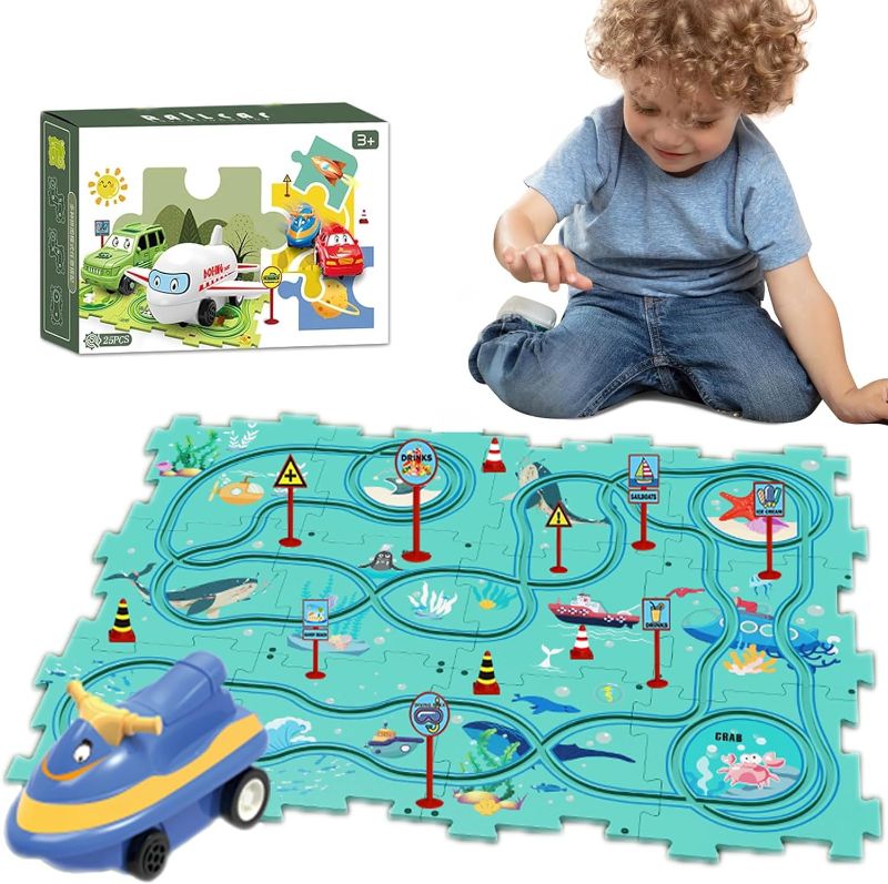 Photo 1 of 25PCS Puzzle Racer Kids Car Track Set, Ocean Series Jigsaw Puzzle Racer Car Track Set Puzzle Track Car Play Set Preschool Gifts for Kids Christmas Birthday Gift for Boys Girls
