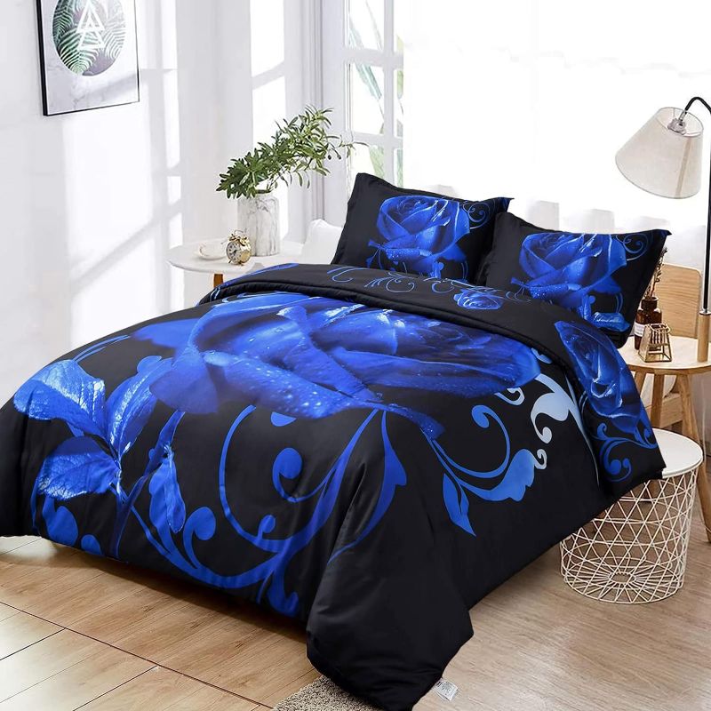 Photo 1 of WONGS BEDDING Rose Duvet Cover Queen Size, Reversible Mather's Day Blue Bedding Set with Zipper Closure, 3 Pieces Ultral Microfiber Floral Gifts for Mom Bedding Set,(No Comforter)
