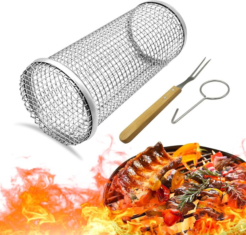 Photo 1 of Lzpoe Rolling Grill Basket, BBQ Grill Basket, Stainless Steel Cylindrical Outdoor Barbecue Grill Basket for Cooking Veggies, Fish, Meat, French Fries, Etc.
