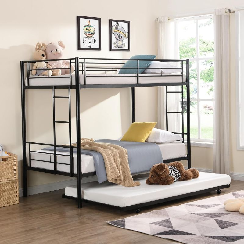 Photo 1 of Triple-Layer Metal Bunk Bed with Trundle,Modern Space-Saving Design, Sturdy Steel Structure, No Box Spring Needed, Ideal for Kids and Guests,Black
