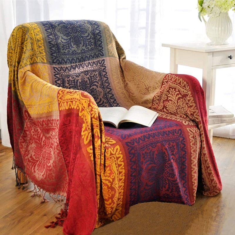 Photo 1 of amorus Bohemian Throw Blankets Chenille Jacquard Tassels Soft Chair Cover for Bed Couch Decorative Sofa Throw Blankets - Colorful Tribal Pattern (Red, 60x75 Inches)