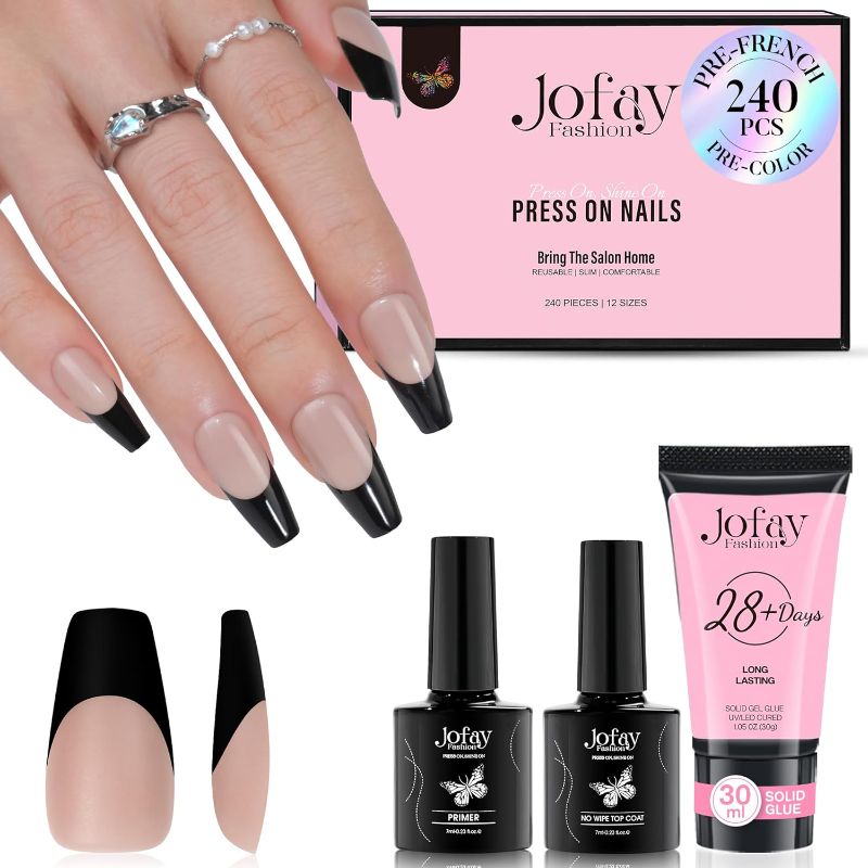 Photo 1 of French Gel Nail Tips Kit, Jofay Fashion French Tip Press On Nails, 240Pcs Brown Medium Coffin Fake Nails,No Need to File Pre-Base Coat & Black French Tips with Solid Nail Glue Gel 30g for Nail Art DIY