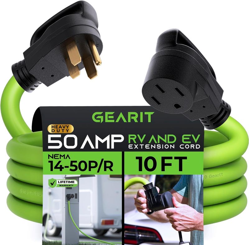 Photo 1 of GearIT 50 Amp RV/EV Extension Cord (10 ft) 4-Prong 250-Volt, Compatible with Tesla Model 3/S/X/Y Mobile Charger, NEMA 14-50P to 14-50R 6/3+8/1 STW AWG Gauge Outdoor Waterproof Power Cable - 10 Feet
