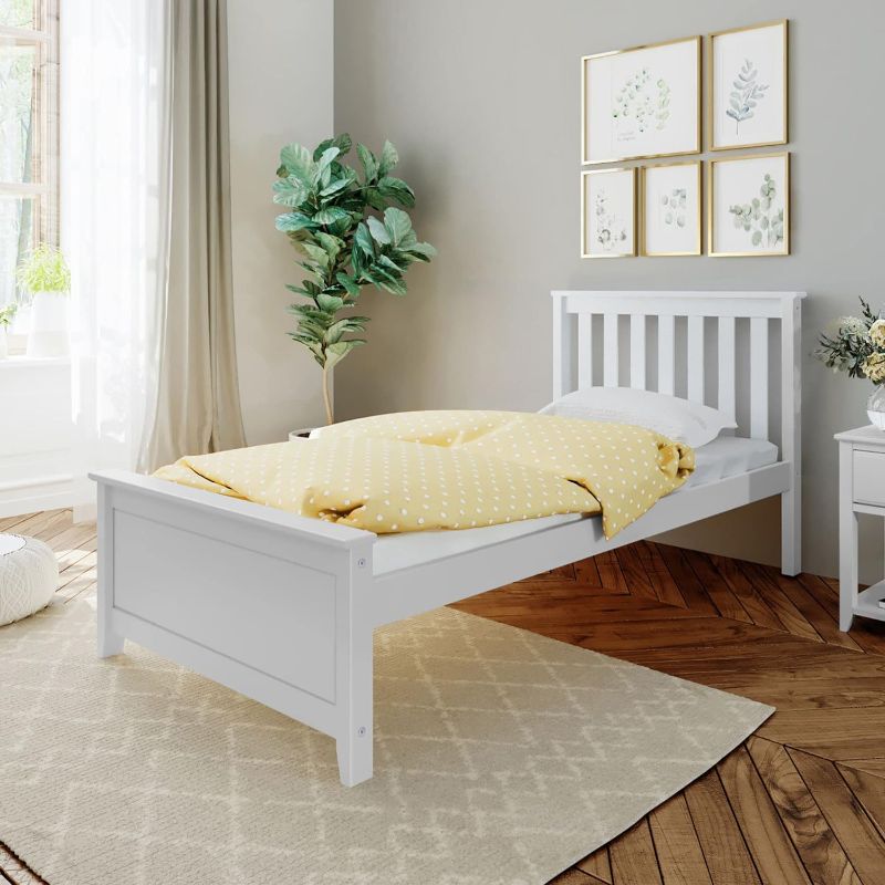 Photo 1 of Max & Lily Twin Bed Frame with Slatted Headboard, Solid Wood Platform Bed for Kids, No Box Spring Needed, Easy Assembly, White
