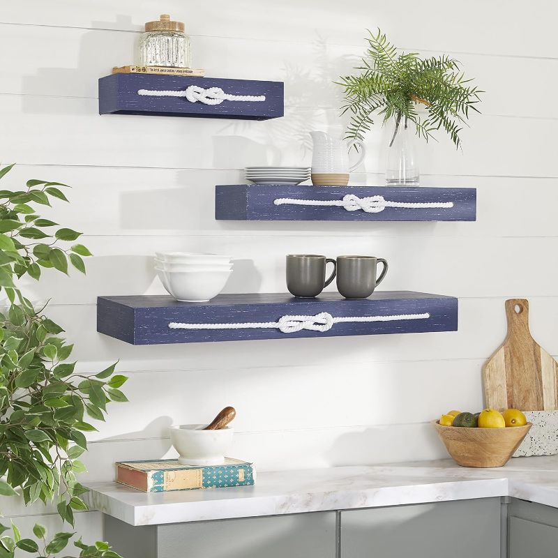 Photo 1 of Deco 79 Wood Rectangle Wall Shelf with Knotted Rope, Set of 3 32", 24", 16"W, Blue
