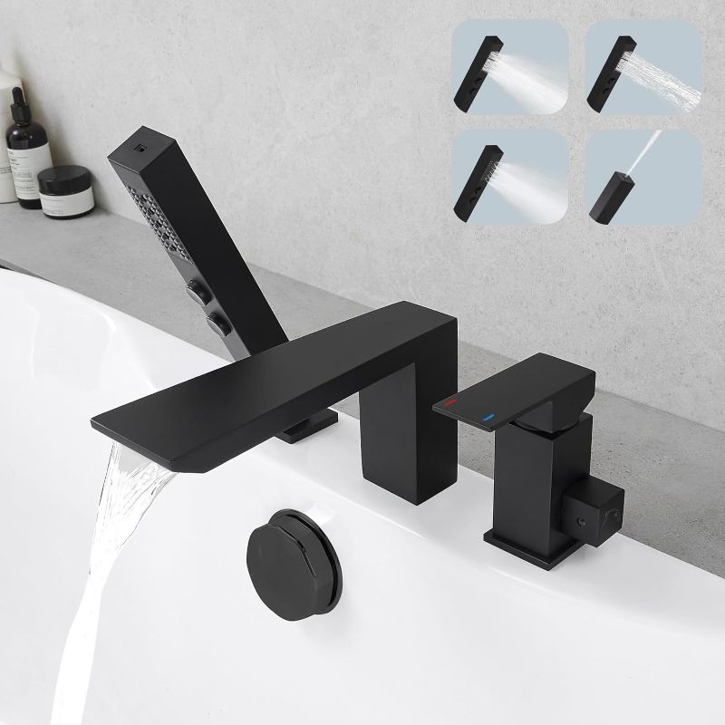 Photo 1 of  Matte Black Bathtub Faucet Set, Deck Mount Brass Roman Waterfall Spout Bath Tub Faucet with Valve, 3 Holes Widespread Tub Filler with Pull Out 4 in 1 Hand Shower Handheld Sprayer Wand