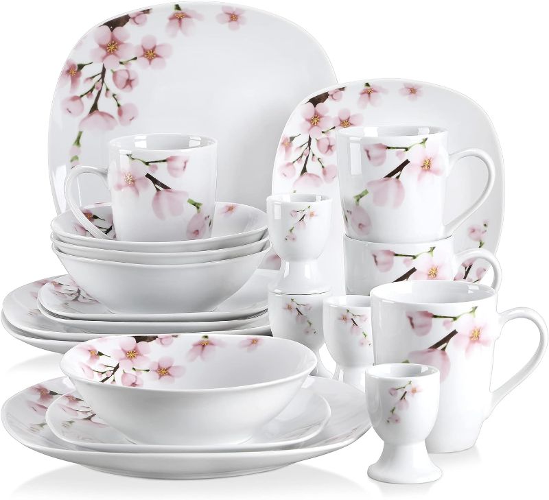 Photo 1 of VEWEET, Series Annie, 20-Piece Porcelain Dinnerware Set with Pink Floral, White Plates and Bowls Sets Including Dinner Plates, Dessert Plates, Mugs and Egg Cups, Service for 4
