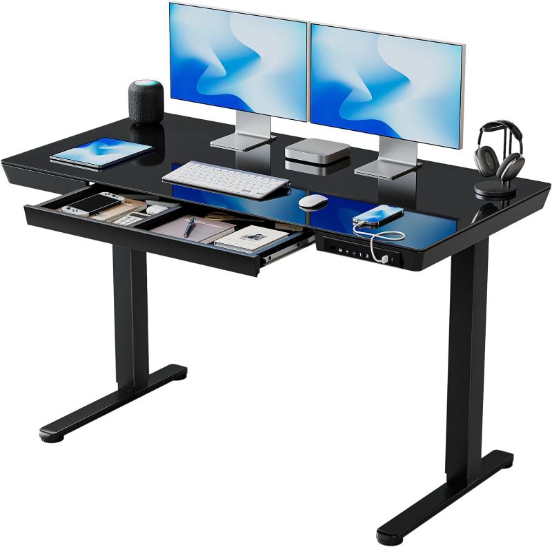 Photo 1 of BANTI Electric Standing Desk with Drawers, 48 inch Whole-Piece Glass Desktop, Height Adjustable Stand up Sit Stand Home Office Ergonomic Workstation, Black Tabletop
