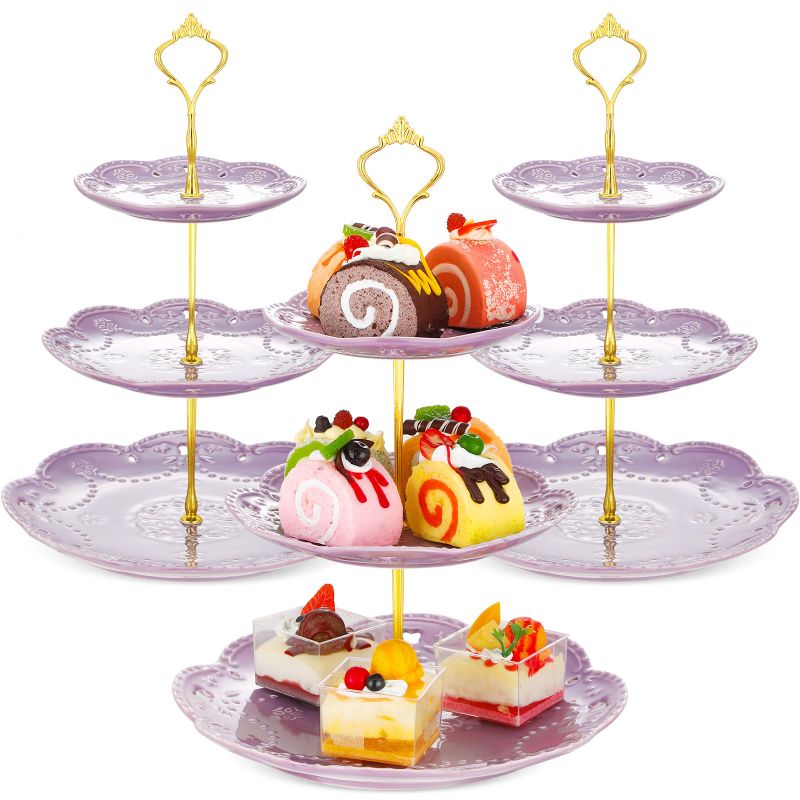 Photo 1 of  Serving Tray Ceramics Cake Stand Cupcake Holder Round Dessert Stand Display Tower Tray for Tea Party Birthday Wedding(Purple)